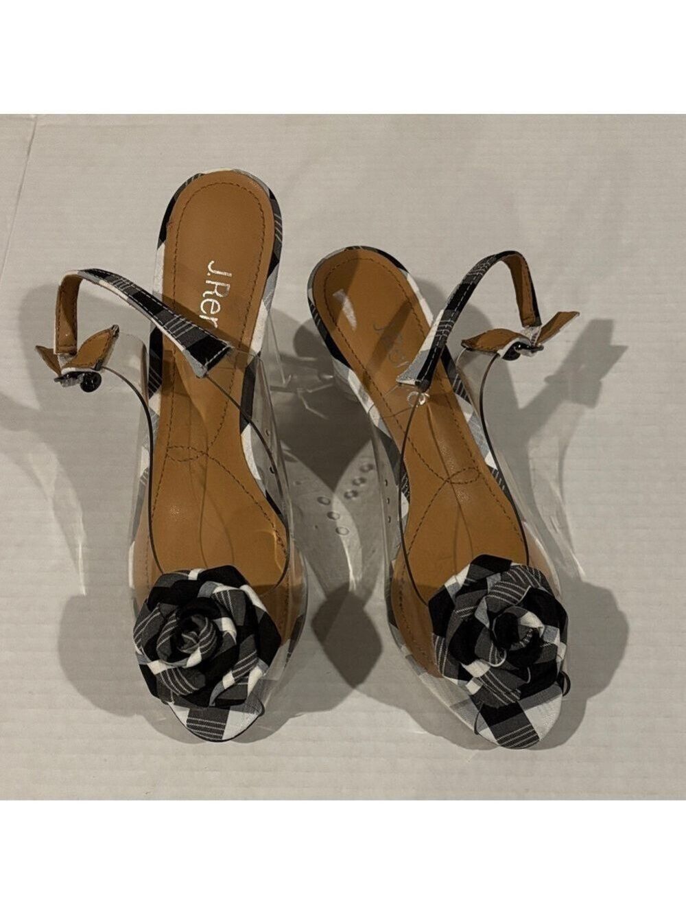 J.Renee Black & White Checkered and Lucite Dailona Heels w/ Floral Bow - Sz 7